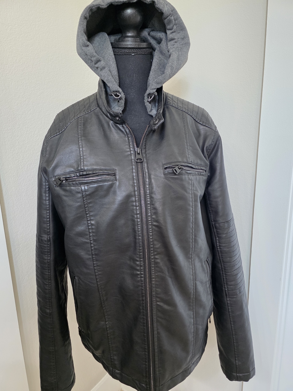 Levi's Black Leather Bomber Jacket with Gray Hood
